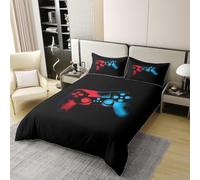 Manfei Reversible Gamepad Duvet Cover Set Double Size 100% Cotton,Gamer Video Gaming Classic Games Kids Bedding Set,Retro Novelty Tie Dye Girl Boy Room Decor,Black Red Blue Quilt Cover,2 Pillowcases