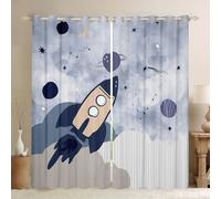 Manfei Rocket Blackout Curtain,Starry Sky Galaxy Constellation Curtains for Kids Boys Teens Room Decor,Aircraft Cloud Window Treatment Curtain Cartoon Blue Grey Stripes Window Drapes,2 Panels,46Wx54L