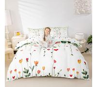 Manfei Romantic Floral Duvet Cover Set King Size,Green Leaves Red Hearts Bedding Set 3pcs,Valentine's Day Theme Quilt Cover,Kids Boys Girls Room Decor,2 Pillowcases,No Comforter