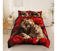 Manfei Romantic Lion Duvet Cover Set Super King Size,Vintage Red Rose Animal Pattern Bedding Set 3pcs,Retro Flowers Romantic Style Quilt Cover,Kids Boys Girls Room Decor,2 Pillowcases,No Comforter
