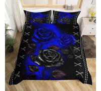 Manfei Roses Duvet Cover Set Single Size, Royal Blue and Black Flower Bedding Set 2pcs for Kids Girls Adults Room Decor, Botanical Floral Comforter Cover Soft Polyester Quilt Cover with 1 Pillowcase