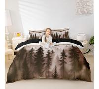 Manfei Rustic Bronze Mountain Duvet Cover Set Double Size,Misty Forest Nature Bedding Set 3pcs,Alpine Landscape Natural Quilt Cover,Kids Boys Girls Room Decor,2 Pillowcases,No Comforter