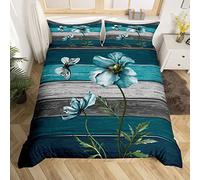 Manfei Rustic Duvet Cover Set Single Size, Watercolor Flower Butterfly Comforter Cover with 1 Pillowcase, Grey Teal Wooden Board Bedding Set 2pcs for Kid Girls Bedroom Decor Farmhouse Bedspread Cover