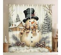 Manfei Rustic Farmhouse Snowman Kids Adults Window Curtain,Winter Christmas Pinecone Vintage Cabin Window Treatment Curtain,White Snow Merry Christmas Theme Window Drapes for Bedroom Decor,52Wx84L