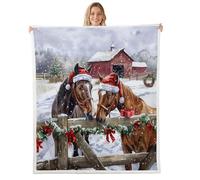 Manfei Santa's Hat Horse Throw Blankets,Rustic Farmhouse Cabin Fleece Blanket,Kids Girls Boys Adult Christmas Decor Horse Fuzzy Blankets Merry Christmas Sherpa Blanket Chair Sofa Bed Decor,90"×90"