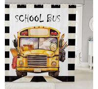 Manfei School Bus Shower Curtains,Cartoon Vehicle Transportation Bath Curtain,School Learning Theme Beige Black Plaids Grids Bathroom Decor Set with 12 Hooks for Bathtub,72" Long