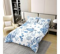 Manfei Sea Turtle 100% Cotton Duvet Cover Set Double Size,Blue Starfish Seaweed Bedding Set 3pcs,Marine Animals Theme Quilt Cover,Kids Boys Girls Room Decor,2 Pillowcases,No Comforter