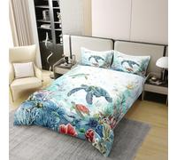 Manfei Sea Turtle 100% Cotton Duvet Cover Set King Size,Underwater World Sealife Bedding Set 3pcs,Marine Animal Theme Quilt Cover,Kids Boys Girls Room Decor,2 Pillowcases,No Comforter