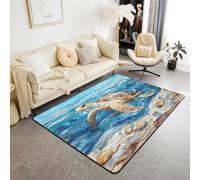 Manfei Sea Turtle Area Rug Marine Animals Scallop Indoor Floor Mats Entrance Rugs for Kids Boys Girls Room Decor,Blue Wavy Stripes Print Non Slip Absorbent Carpets, 6'6" x 4'11" (Rectangular)