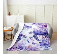 Manfei Sea Turtle Flannel Blanket Ocean Animal Theme Throw Blanket Purple Floral Butterfly Cozy Throws for Bed Couch Sofa,Kids Boys Girls Room Decor,Soft and Breathable(90 x 90 Inches)