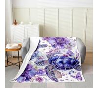 Manfei Sea Turtle Flannel Blanket Purple Flower Butterfly Throw Blanket Marine Animal Theme Cozy Throws for Bed Couch Sofa,Kids Boys Girls Room Decor,Soft and Breathable(90 x 90 Inches)