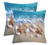 Manfei Seashell Starfish Throw Pillow Cover Seaside Shells Double Sides Pillow Case for Kids Boys Girls Room Decor,Blue Hawaii Style Beach Cushion Cover for Bed Couch Sofa,2 Pack 16"x16"