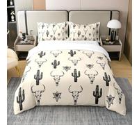Manfei Sketch Cow Skull 100% Cotton King Duvet Cover 3 Pcs Watercolor Black Gray Cactus Bedding Set for Kids Teens Adults Ethnic Tribal Retro Aztec Grid Comforter Cover,2 Pillowcases,No Comforter