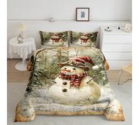 Manfei Snowman Comforter Set Full Size,Christmas Snowy Winter Jungle Pine Trees Bedding Set 3 Pcs for Teens Young,Vintage Old Newspaper Style Brown Beige Down Comforter,2 Pillowcases