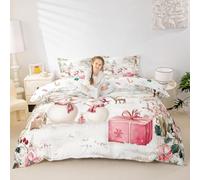 Manfei Snowman Duvet Cover Set Double Size,Pine Jungle Snow Scenery Bedding Sets 3Pcs for Kids Girls Boys Adult Room Decor,Christmas Deer Quilt Cover Pink White Winter Comforter Cover,2 Pillowcases