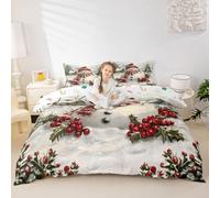 Manfei Snowman Duvet Cover Set Single Size,Holly Leaves Berry Bedding Sets 2Pcs for Kids Girls Boys Adult Room Decor,Winter Snow Cottage Comforter Cover Christmas Tree Quilt Cover,1 Pillowcase