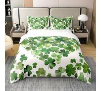 Manfei St. Patrick's Day 100% Cotton Duvet Cover Set Double Size, Lucky Clover Bedding Set 3pcs, Green Leaves Heart Comforter Cover for All Season, Kids Girls Room Decor, 2 Pillowcases, No Comforter