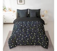 Manfei Starry Galaxy Comforter with Sheets Stars Outer Space 7 Piece Bedding Set King Size for Kids Girls Boys Moon Night Sky Polyester Bed in a Bag Dark Blue Gold Soft Bedding Comforters