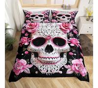 Manfei Sugar Skull Duvet Cover Set Double Size, Pink Rose Flower Bedding Set 3pcs, Floral Skull Gothic Comforter Cover, Kids Boys Room Decor, Soft Polyester Quilt Cover, 2 Pillowcases, No Comforter