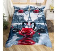 Manfei Swan Couple Duvet Cover Set Super King,Red Rose Bedding Sets 3Pcs for Kids Girls Teens Adult Room Decor,Paris Eiffel Tower Comforter Cover Romantic Valentine's Day Quilt Cover,2 Pillowcases