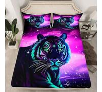 Manfei Tiger Fitted Sheet Single Size, Wild Animals Theme Bed Cover with 1 Pillowcase, Purple Galaxy Wildlife Bedding Set 2pcs for Kids Boys Adults Room Decor, Soft Polyester Bedding