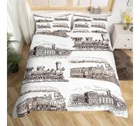 Manfei Train Duvet Cover Set Double Size, Retro Steam Locomotive Train Bedding Set 3pcs for Kids Boys Adults Bedroom Decor, Vintage Train Comforter Cover Soft Polyester Quilt Cover with 2 Pillowcases
