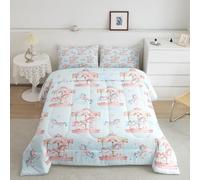 Manfei Unicorn Carousel Comforter Set Full Size,Romantic Amusement Park Dreamy Horse Animal Bedding Set for Child Young,Princess Style Fairy Tale Pink Blue Starry Comforter,3 Pcs 2 Pillowcases
