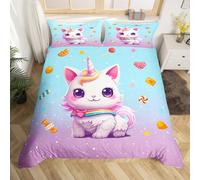 Manfei Unicorn Cat Duvet Cover Set Single Size, Cartoon Stars Candy Comforter Cover with 1 Pillowcase, Kawaii Unicorn Bedding Set 2pcs for Kids Girls Adults Bedroom Decor Lightweight Bedspread Cover