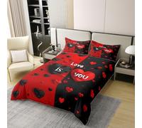 Manfei Valentine's Day 100% Cotton Duvet Cover Set Super King,Red and Black Hearts Print Bedding Set 3pcs,Romantic Love Theme Quilt Cover,Kids Boys Girls Room Decor,2 Pillowcases,No Comforter