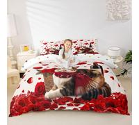 Manfei Valentine's Day Duvet Cover Set Super King,Cute Cat Romantic Rose Wine Bedding Set 3pcs,Red Hearts Print Quilt Cover,Kids Boys Girls Room Decor,2 Pillowcases,No Comforter