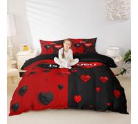 Manfei Valentine's Day Duvet Cover Set Super King,Red and Black Hearts Print Bedding Set 3pcs,Romantic Love Theme Quilt Cover,Kids Boys Girls Room Decor,2 Pillowcases,No Comforter