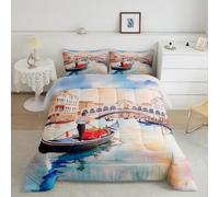Manfei Venice Boat Comforter Set King Size,European Style Retro Building Bridge Bedding Set for Adults Room,Romantic Watercolor Blue Sky Lake Paint Down Comforter,3 Pcs 2 Pillowcases