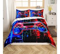 Manfei Video Games Duvet Cover Set Double Size, Blue and Red Gamepad Comforter Cover with 2 Pillowcases, Teens Gaming Bedding Set 3pcs for Kids Boys Adults Room Decor Gamer Reversible Bedspread Cover