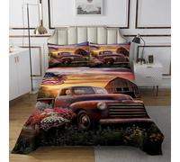 Manfei Vintage Truck Bedspread Twin Size,Village Barn Cabin Style Bedding Bed Cover,Rustic Flowers Plants 2 Pieces Coverlet Set with 1 Pillowcase,Farmhouse American Flag Printed Bed Cover Sets