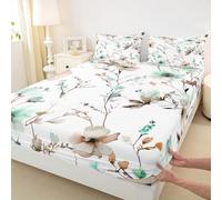 Manfei Watercolor Floral Fitted Sheet Single Size,Cute Mint Flower Bedding Set 2pcs,Modern Pastel Floral Bed Cover with 1 Pillowcase,Kids Boys Girls Room Decor,Soft Bedding(No Flat)