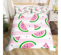 Manfei Watermelon Duvet Cover Set Double Size, Kawaii Fruits Print Comforter Cover with 2 Pillowcases, Pink White Stripe Bedding Set 3pcs for Kids Boys Girls Bedroom Decor Lightweight Bedspread Cover