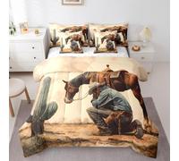 Manfei Western Horse Cowboy Comforter King Size,Southwest Desert Cactus Bedding Set for Kids Girls Boys,Rustic Farmhouse Style Comforter+Fitted+Flat+2 Pillowcases+2 Throw Pillow Covers,Beige Brown