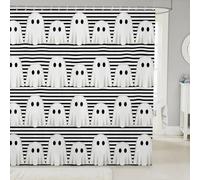 Manfei White Ghost Shower Curtain Set,Happy Halloween Bathroom Curtain,Kids Boys Teens Black White Stripe Waterproof Fabrics Funny Cartoon Bathtub Decor with 12 Hooks,72" W x 78" L