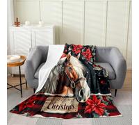 Manfei Wild Horse Flannel Blankets,Merry Christmas Fleece Blanket,Kids Girls Boys Adult Western Animals Fuzzy Blankets Red Floral Check Sherpa Blanket Chair Sofa Bed Decor,90"×90"