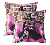 Manfei Witch Reading Throw Pillow Cover Cartoon Bookshelf Double Sides Pillow Case for Kids Boys Girls Room Decor,Halloween Theme Cushion Cover for Bed Couch Sofa,2 Pack 22"x22"