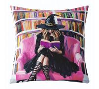Manfei Witch Reading Throw Pillow Cover Cartoon Bookshelf Double Sides Pillow Case for Kids Boys Girls Room Decor,Halloween Theme Cushion Cover for Bed Couch Sofa,1 Pack 22"x22"