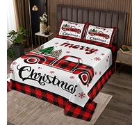 Manfei Xmas Truck Bedspread King Size, Christmas Tree Snowflake Print Coverlet Set 3pcs for Kids Boy Girls Bedroom Decor, New Year Theme Red Plaid Print Quilted Coverlet with 2 Pillowcases