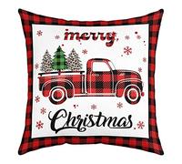 Manfei Xmas Truck Throw Pillow Cover Christmas Tree Snowflake Print Double Sides Pillow Case, New Year Theme Red Plaid Print Cushion Cover for Bed Couch Sofa, Kids Boys Room Decor, 1 Pack 18"x18"