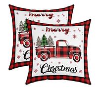 Manfei Xmas Truck Throw Pillow Cover Christmas Tree Snowflake Print Double Sides Pillow Case, New Year Theme Red Plaid Print Cushion Cover for Bed Couch Sofa, Kids Boys Room Decor, 2 Pack 16"x16"