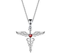 Manfnee Caduceus Heart Necklace for Women Sterling Silver Doctor Nurse Themed Pendant Angle Wings Snake Jewelry