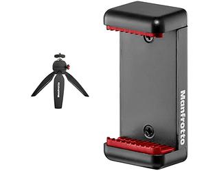 Manfrotto MTPIXIMII-B, PIXI Mini Tripod with Handgrip, Black & MCLAMP, Universal Smartphone Clamp with Thread Connections, for iPhone with or without case, Foldable, Compact Size, Vlogging, Black