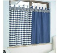 MANG Navy Blue Kitchen Curtains Cotton Fabric Cafe Short Curtain Gingham Bistro Curtain With Lace Cartoon Pattern Printed Tier Curtains For Child Rooms