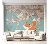 Manga Animal Cute Wall Mural Fox Cherry Blossom Snow Wallpaper, Wall Decals Home Decor TV Background Large Art Wallpaper Painting Posters Decor 300 x 240 cm