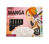 Manga Drawing Set - Creative Set with 13 Double Tip Alcohol Markers + Blender, Art Liner, White Highlighter, 20 A5 Sheets with Printed Templates & Instruction Manual - Complete Drawing Kit