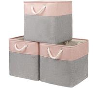 Mangata Canvas Cube Storage Boxes, 25x25x25cm Storage Baskets for Shelves Organizing Clothes Nursery Home(Grey/Pink, Set of 3)